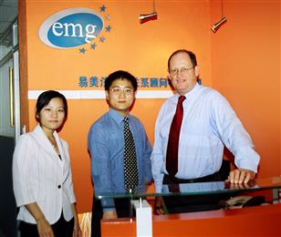 Gloria Wu, Jacky Cheng and Greg Farrett at the EMG China's office in Shanghai. 
